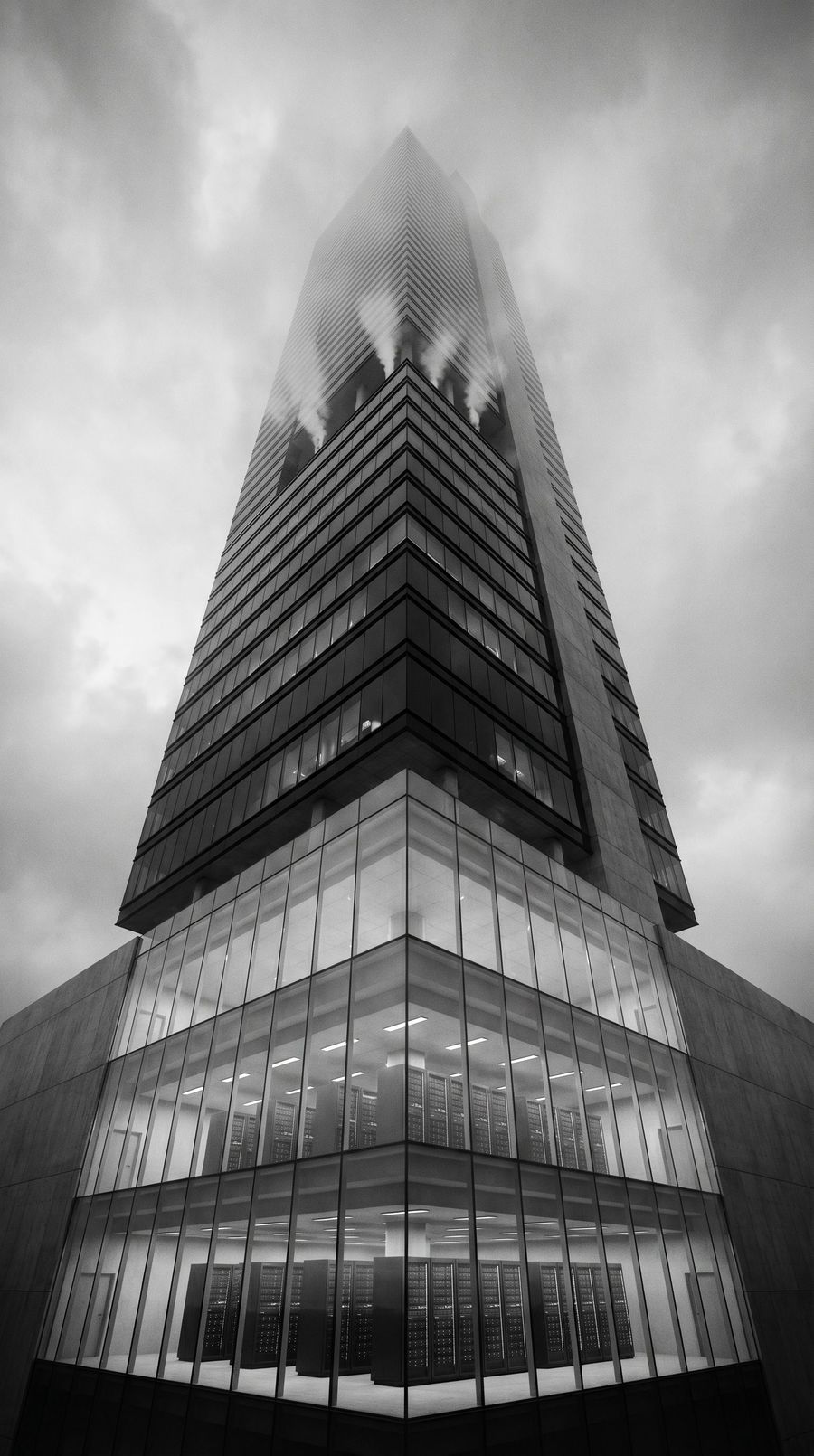 Edifício-nó com servidores no subsolo e escritórios no alto