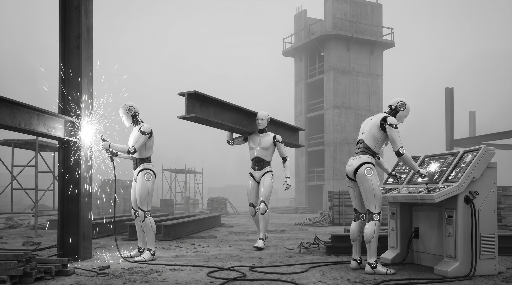 Humanoides em obra civil mid-rise em P&B